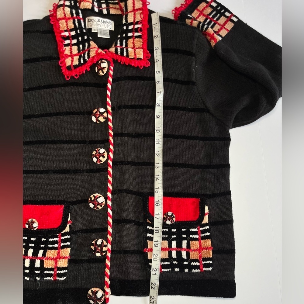 Vintage Jack B Quick Whimsical Retro Black Cardigan Candy Cane plaid multi trim - Picture 8 of 8